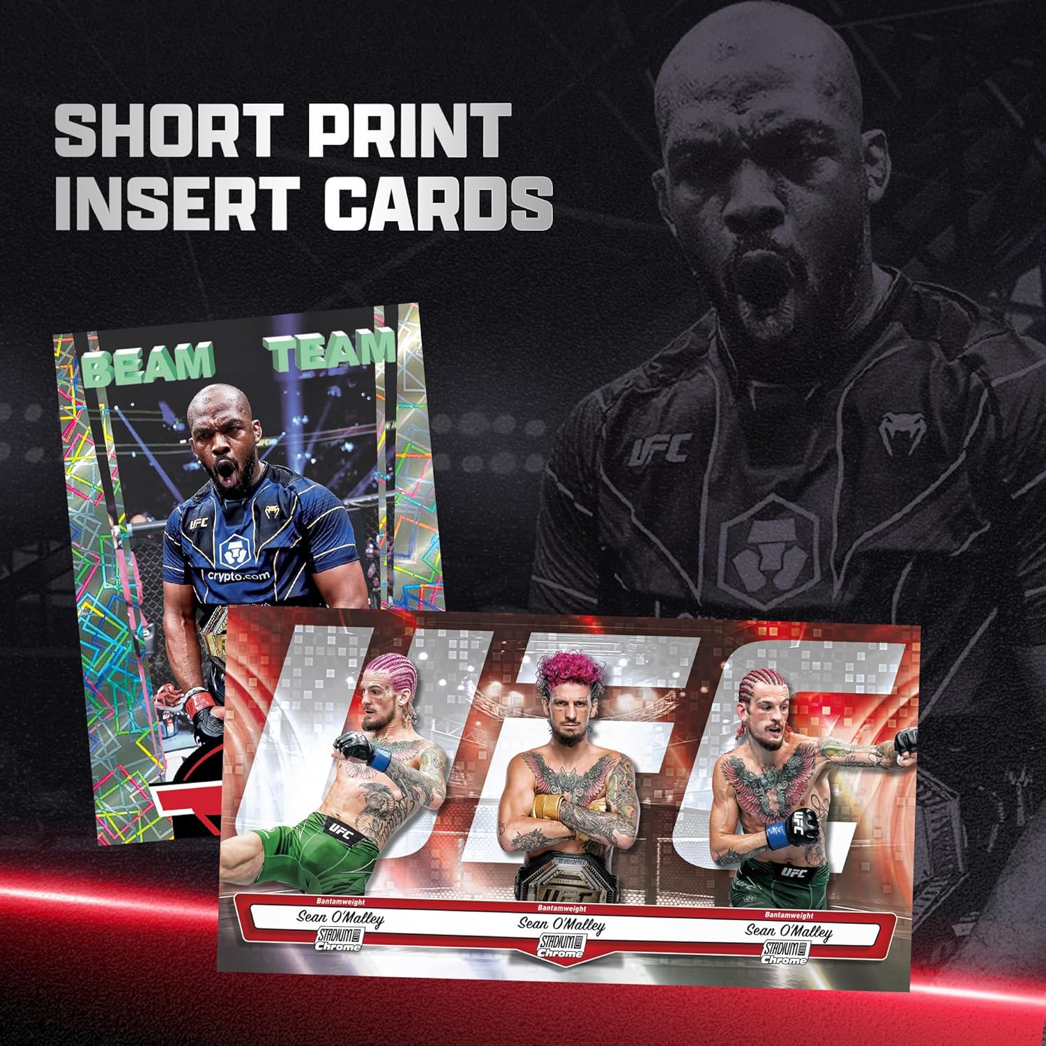 UFC branded trading cards with a fighter's image and text 'Short Print Insert Cards'.