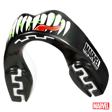 Black mouthguard with Marvel branding on a white background