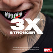 Close-up of a person with a mouthful of teeth, featuring the '3X Stronger' text and Marvel logo.