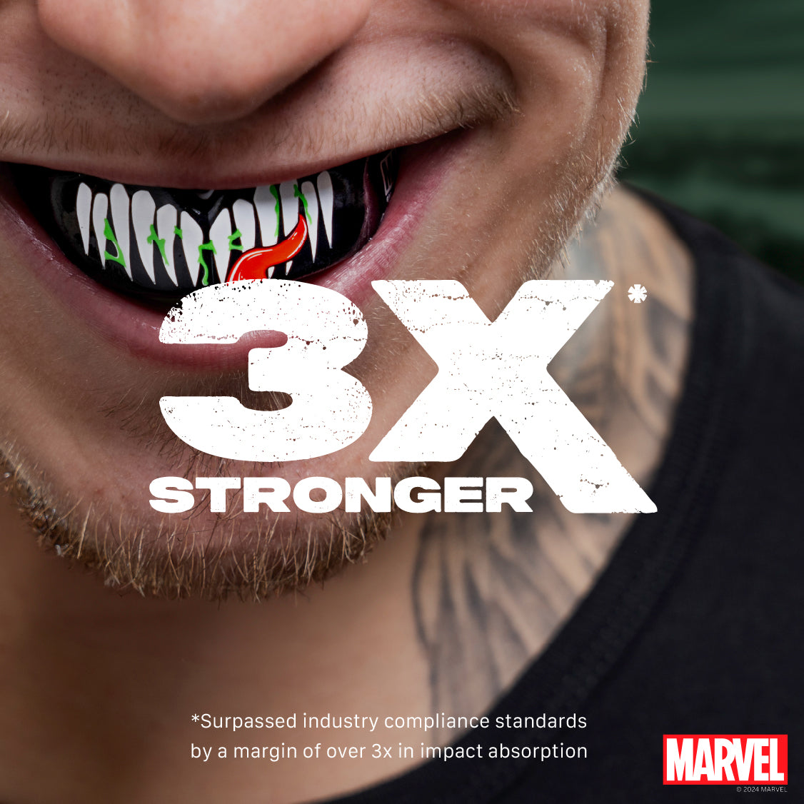 Close-up of a person with a mouthful of teeth, featuring the '3X Stronger' text and Marvel logo.