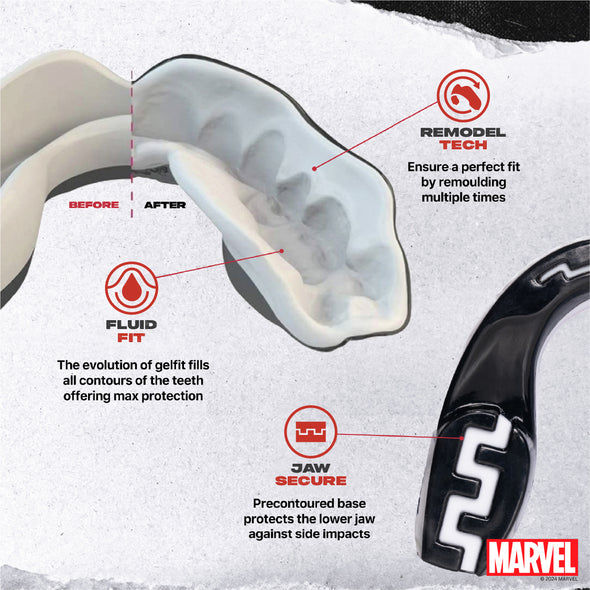 Earpad with Marvel branding and text describing features like Remodel Tech, Fluid Fit, and Jaw Secure on a white background.