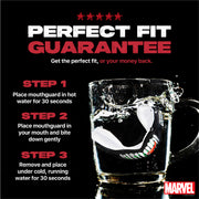 Mouthguard advertisement with steps for use and Marvel logo on a black background