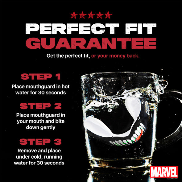 Mouthguard advertisement with steps for use and Marvel logo on a black background