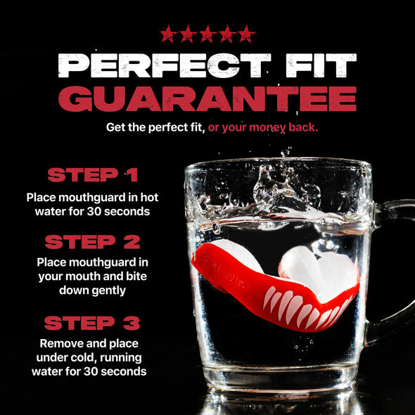 Mouthguard with steps for use and a glass of water on a black background