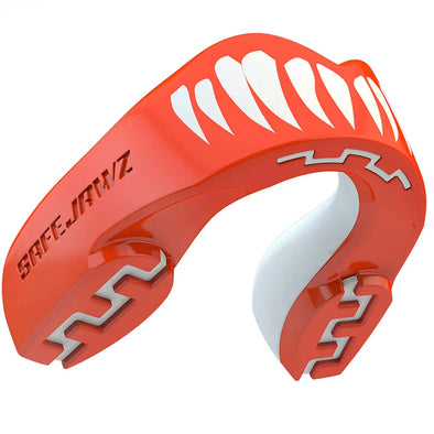 Red mouthguard with white accents on a white background