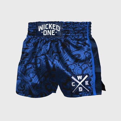 Blue patterned shorts with 'Wicked One' branding on a light gray background