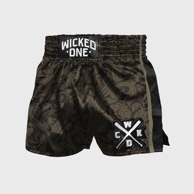 Black and green patterned boxing shorts with 'Wicked One' branding on a light gray background