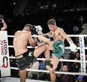 Two boxers in a boxing ring with spectators watching.