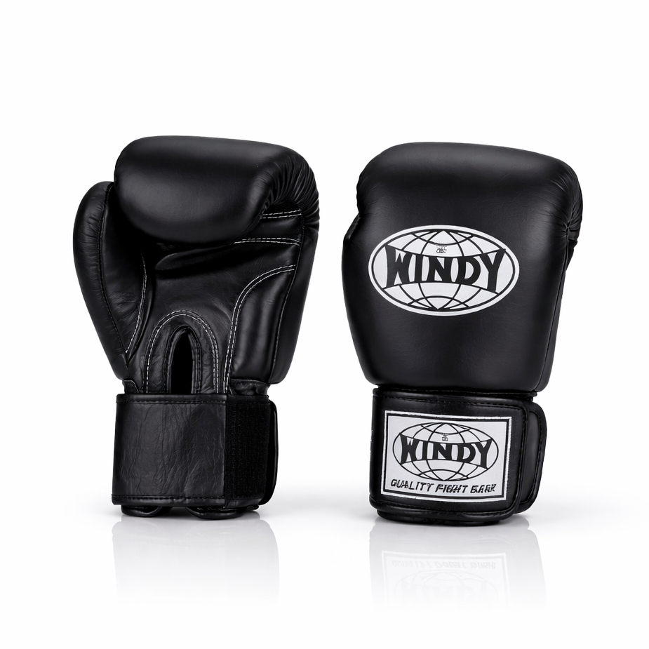 Black boxing gloves with 'Windy' branding on a white background