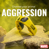 Yellow Marvel glove on a rock with text 'Channel your primal aggression' and Marvel logo.