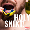 Person wearing a blue and yellow mouthguard with 'Marvel' branding, text overlay 'HOLY SNIKT!'
