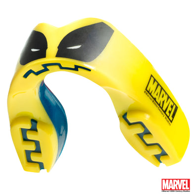 Yellow and blue mouthguard with Marvel logo on a white background