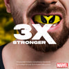 Close-up of a person with a Marvel superhero mask, featuring text '3X Stronger' and Marvel logo.