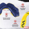 Teeth guard with Marvel branding, showing 'Before' and 'After' design on a textured white background.