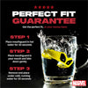 Mouthguard product with steps for use and Marvel logo on a black background