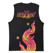 Black sleeveless shirt with colorful flame design and text on a white background