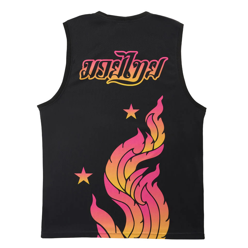 Black sleeveless shirt with colorful flame design and text on a white background