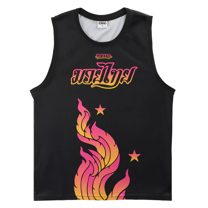 Black sleeveless shirt with colorful design and text on a white background