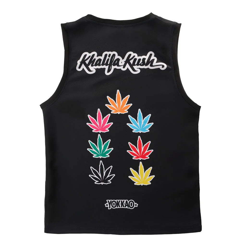 Black sleeveless shirt with colorful leaf designs and 'Yokkao' branding on a white background