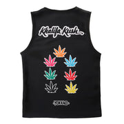Black sleeveless shirt with colorful leaf designs and 'Yokkao' branding on a white background