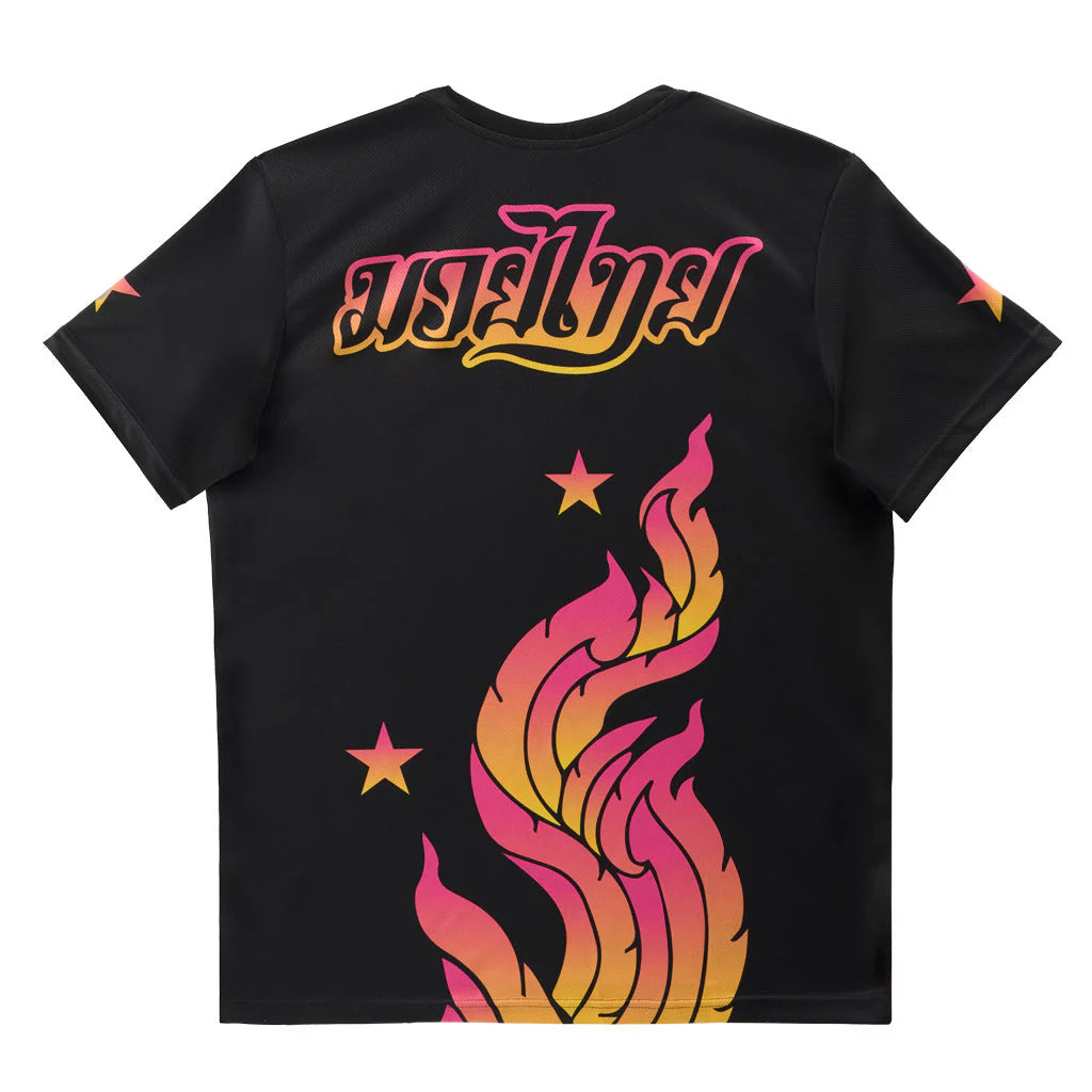 Black t-shirt with colorful flame design and text on a white background