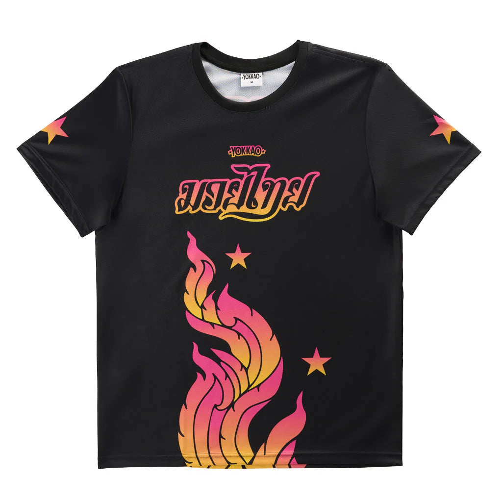 Black t-shirt with colorful flame design and text on a white background