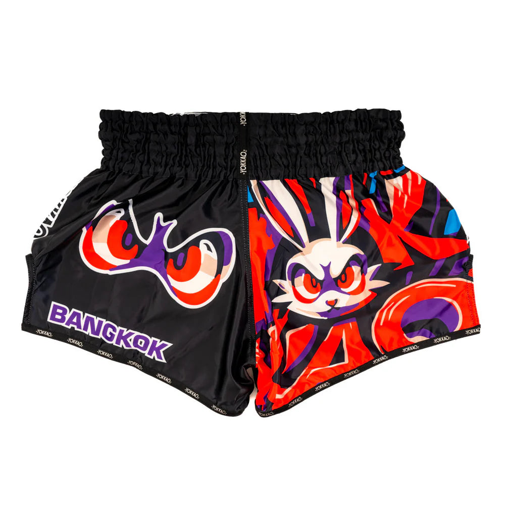 Black Angry Rabbit Muay Thai shorts satin fight wear with elastic waistband for full kick range