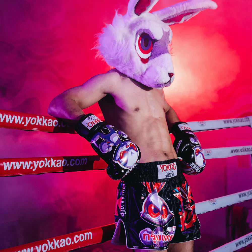 Black Angry Rabbit Muay Thai shorts satin fight wear with elastic waistband for full kick range