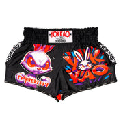 Black Angry Rabbit Muay Thai shorts satin fight wear with elastic waistband for full kick range