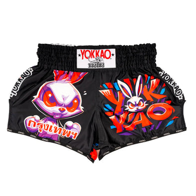 Black Angry Rabbit Muay Thai shorts satin fight wear with elastic waistband for full kick range