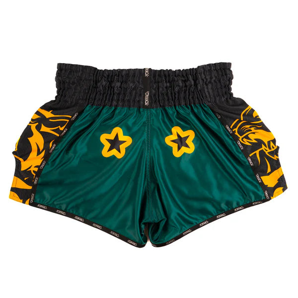 YOKKAO Original Muay Thai Shorts Gold Green with satin finish and high-cut design for mobility and style