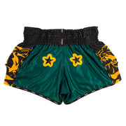YOKKAO Original Muay Thai Shorts Gold Green with satin finish and high-cut design for mobility and style