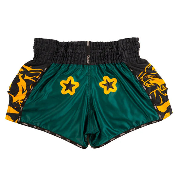 YOKKAO Original Muay Thai Shorts Gold Green with satin finish and high-cut design for mobility and style