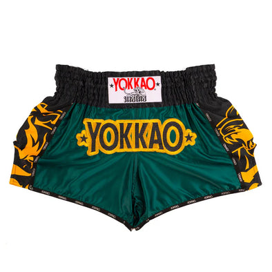 YOKKAO Original Muay Thai Shorts Gold Green with satin finish and high-cut design for mobility and style