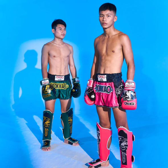 YOKKAO Original Muay Thai Shorts Gold Green with satin finish and high-cut design for mobility and style