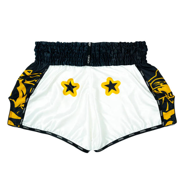 YOKKAO Original Muay Thai Shorts Gold Green with satin finish and high-cut design for mobility and style