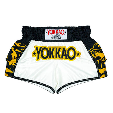 YOKKAO Original Muay Thai Shorts Gold Green with satin finish and high-cut design for mobility and style