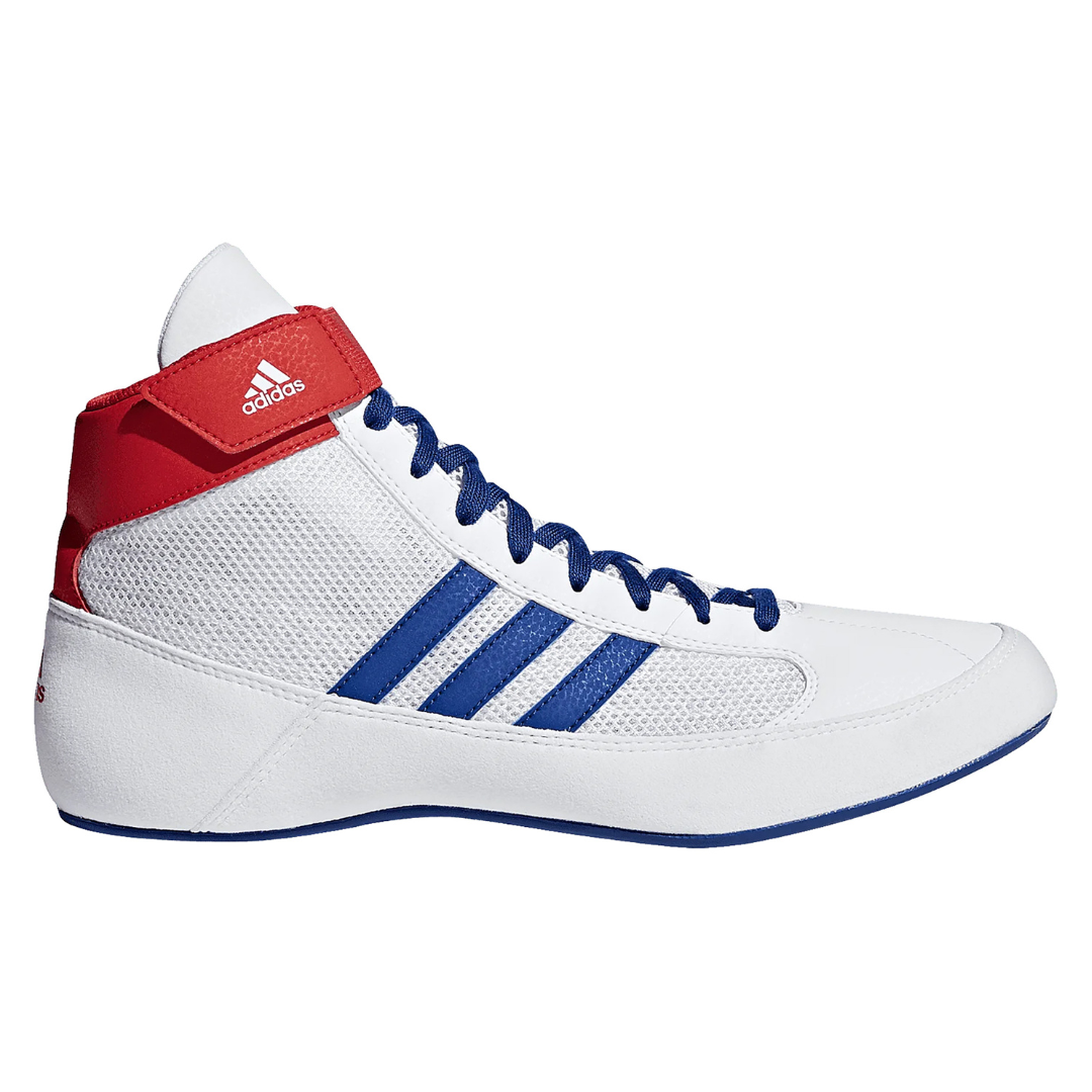 ADIDAS HVC Wrestling Shoes in white, red, and blue featuring ankle strap and breathable mesh for support and ventilation