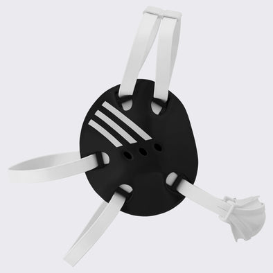 Black and white mask with Adidas logo on a light gray background