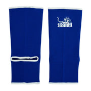 Pair of blue leg sleeves with a white logo on a white background