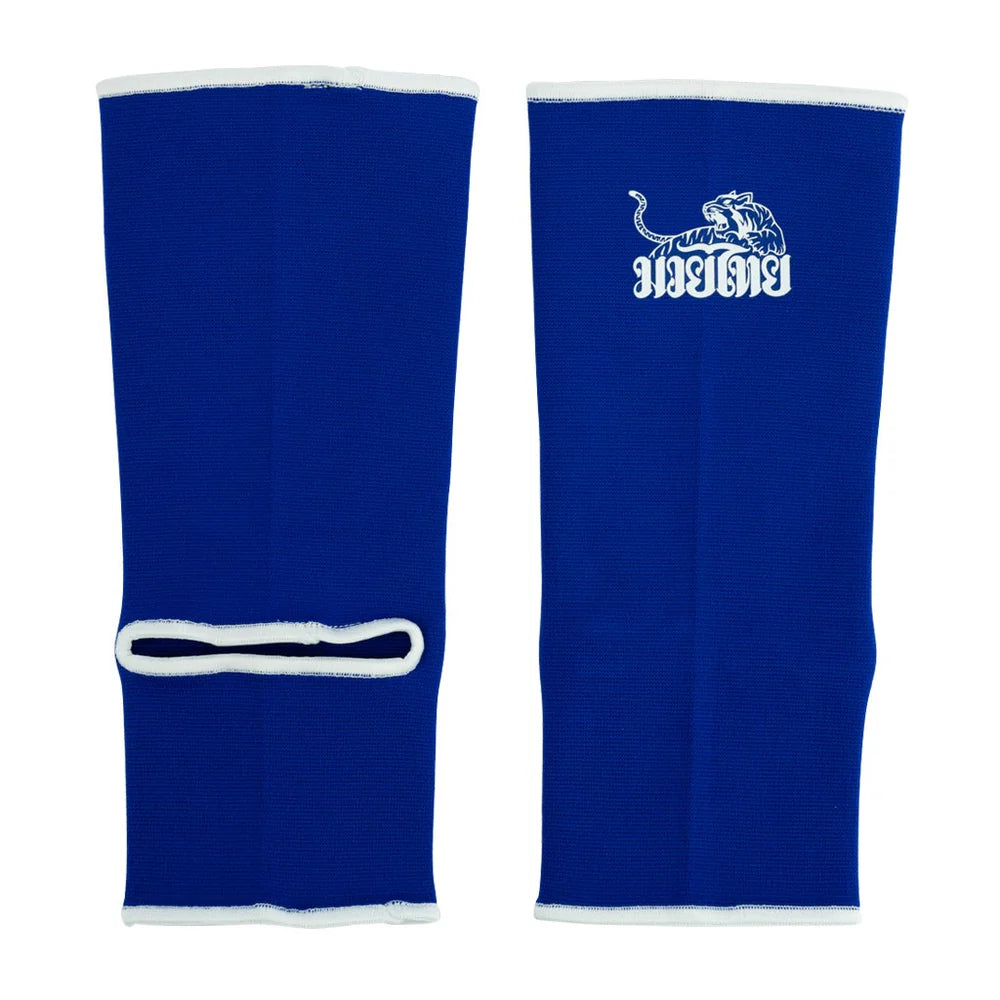 Pair of blue leg sleeves with a white logo on a white background