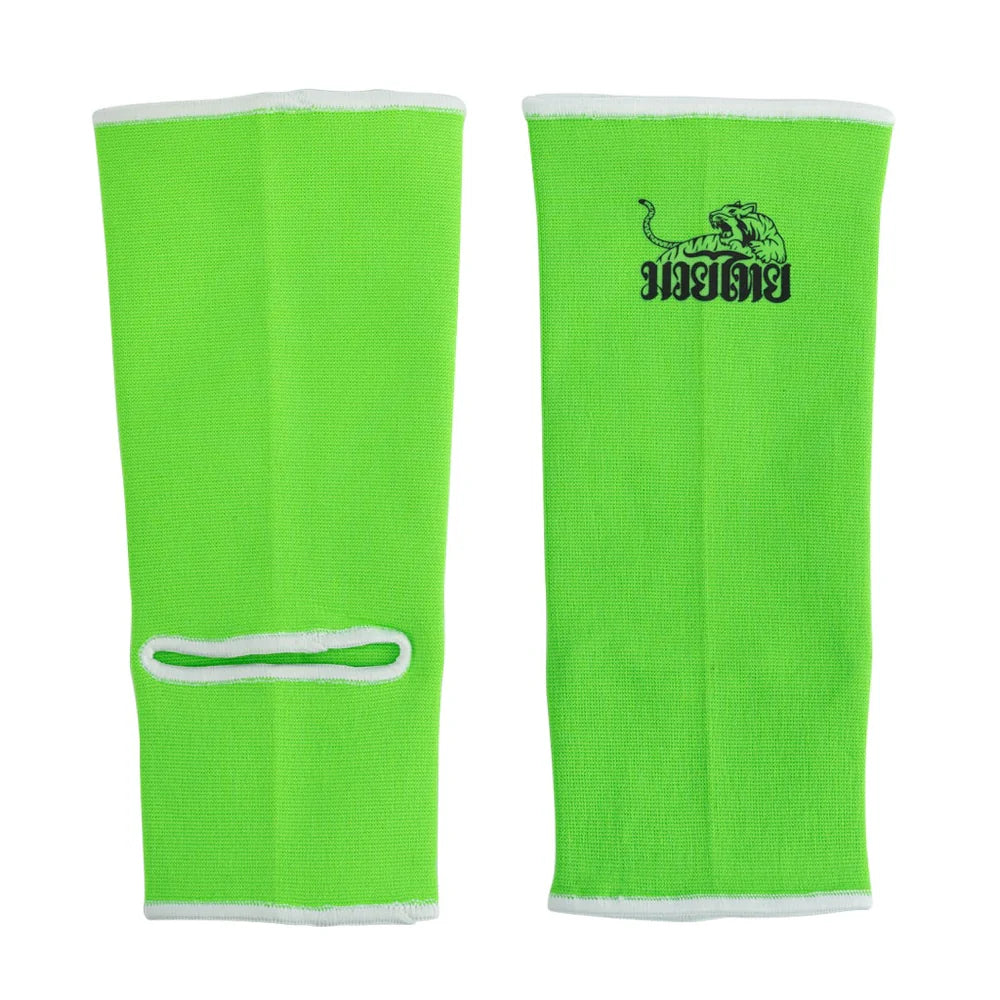 Pair of green knee sleeves with a logo on a white background