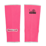 Pair of pink knee sleeves with a logo on a white background