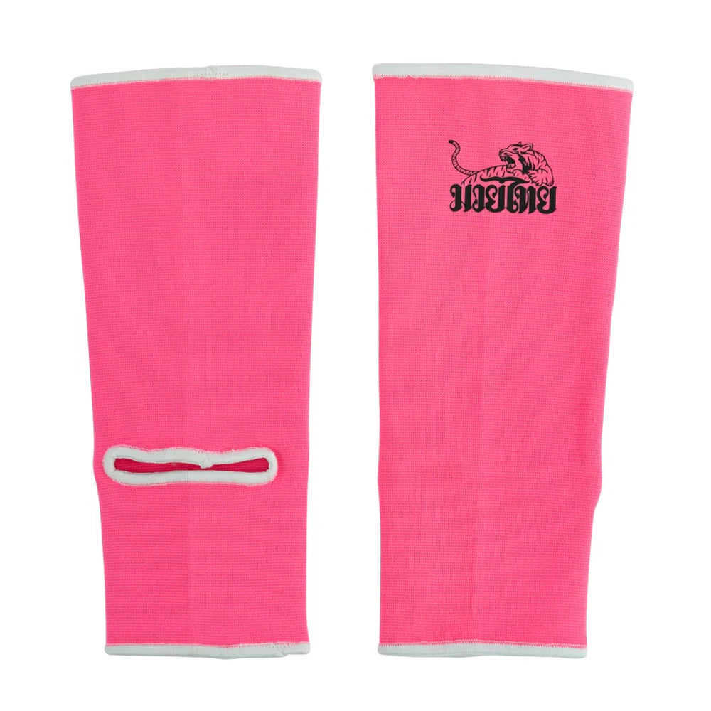 Pair of pink knee sleeves with a logo on a white background