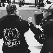 Legacy Fight Team hoodie, jogger pants, and drawstring bag uniform set for martial arts and gym training