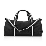 Black duffel bag with white accents on a white background