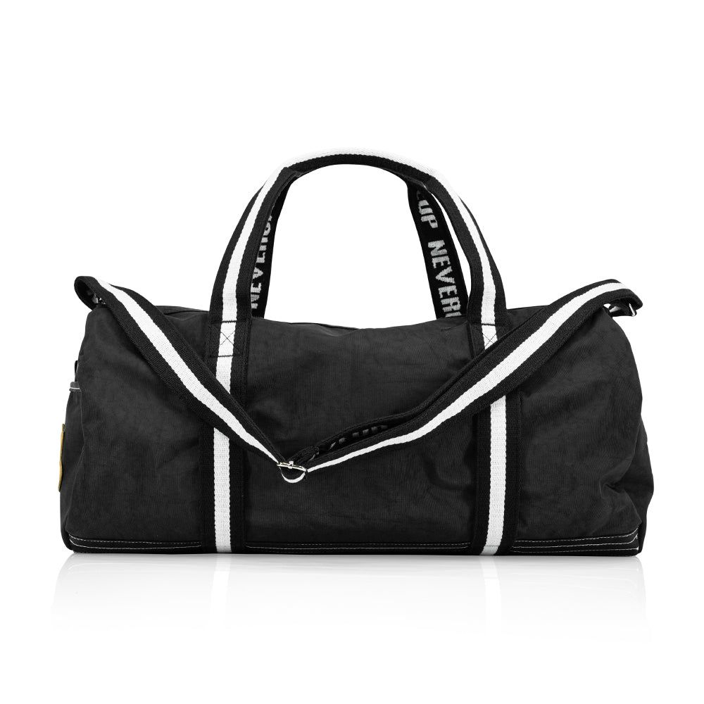 Black duffel bag with white accents on a white background