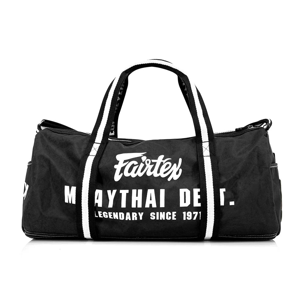 Black duffel bag with 'Fairtex' branding on a white background