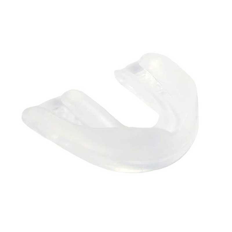 A clear, boil-and-bite sports mouthguard with no strap shown.