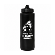 A matte black insulated water bottle with a black screw cap, featuring a white graphic of a dog's head and the text 'WHAT'S YOUR LEGACY' printed on the front, set against a plain white background.